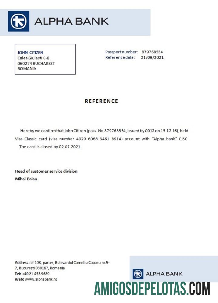 Referência de fechamento do Alpha Bank da Romênia baixar para verificação